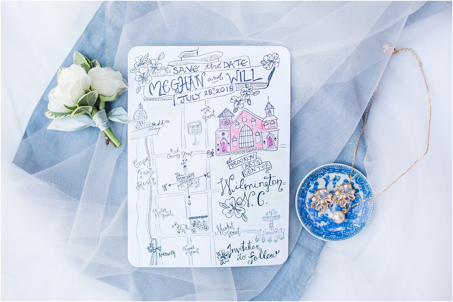 dusty blue and coral coastal wedding